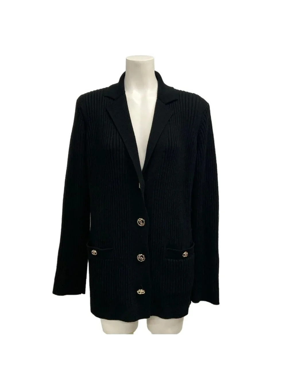 Chanel Jacket 36 S Black Knit Shoulder Pad CC Logo Button Long Sleeve Cotton